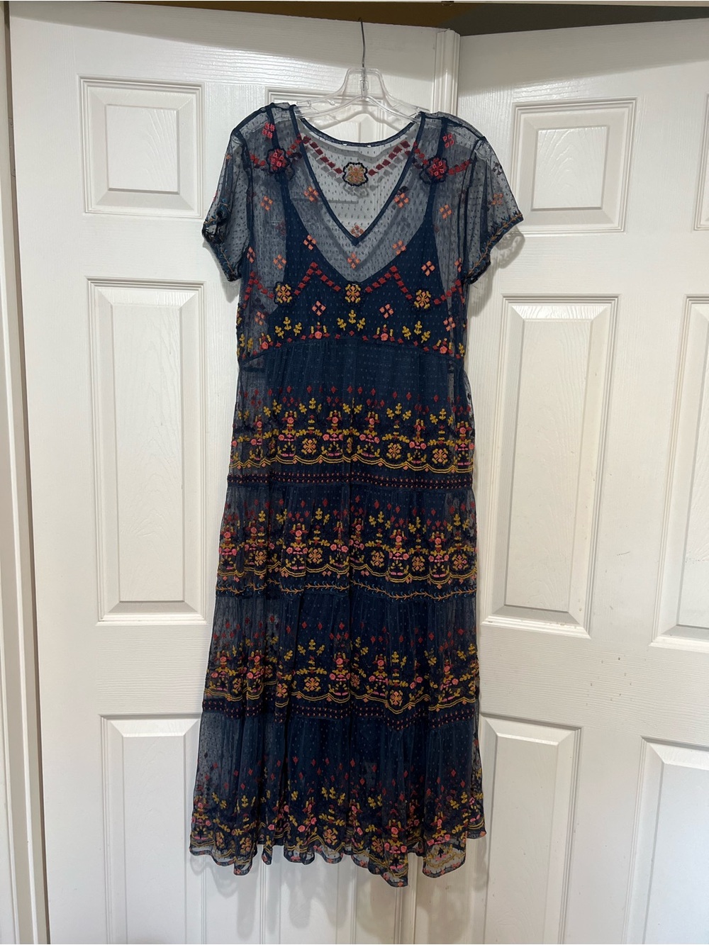 Sundance Embroidered Blue Mesh Floral Maxi Dress Boho Romantic Fairy Dainty L
